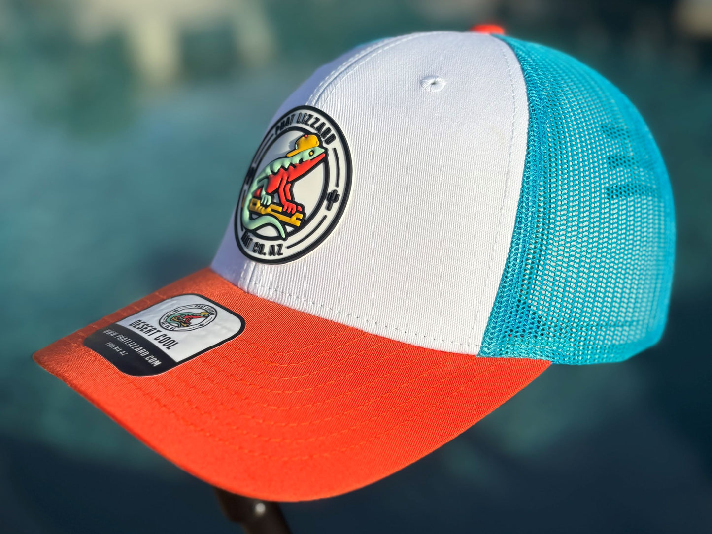 115 Low Profile Snapback Trucker Mesh - White/Hawaiian Blue/Orange - Phat Lizzard